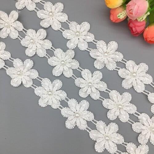1 Yard Vintage White 3D Snowflake Pearl Lace Trim Fabric Ribbon Applique Sewing Patch Craft DIY Headband Wedding Dress