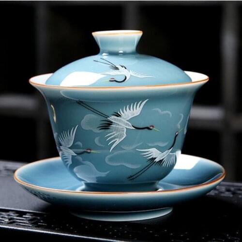 150ml Chinese Hand Painted Auspicious Crane Gaiwan Tea Set Flow BlueCeramic Teaware Sets Teapot Teaset Tea Cups of Tea Ceremony