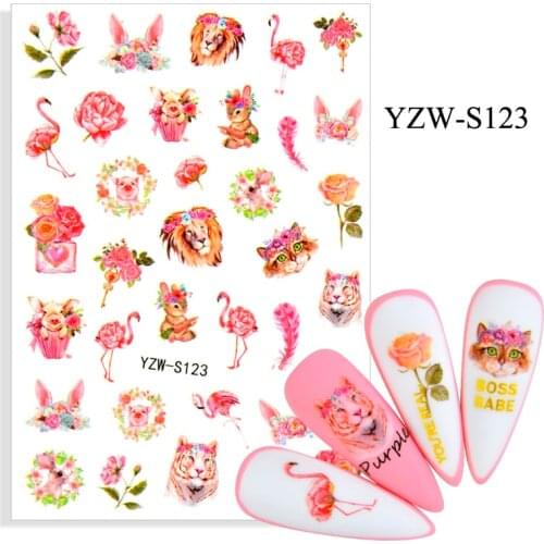 3D Stickers for Nails Self-adhesive Flamingo Peony Flower Nail Art Decorations Rabbit Cat Tiger Sticker Nail Foil Accessories