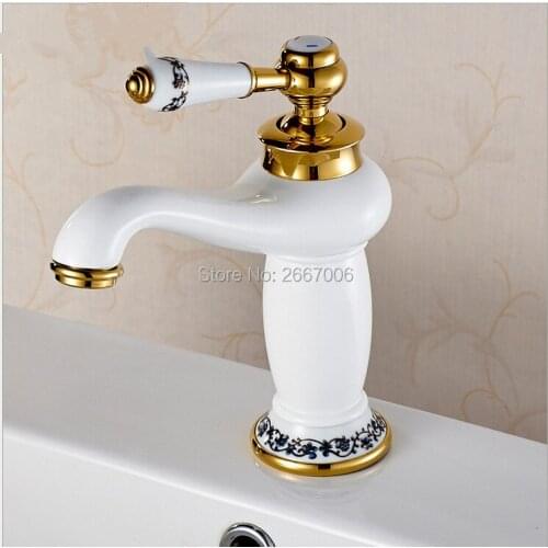 Free Shipping Continental Euro faucet basin faucet grilled white paint gold-plated faucet hot and cold water tap Porcelain ZR571