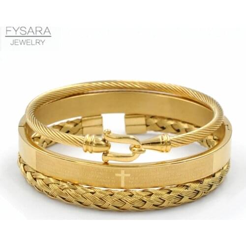 FYSARA Stainless Steel Cross of Prayer Bracelets Bangles 3pcs/Set Cable Wire U Buckle Bangle Gold Pulseira Punk Handmade Jewelry