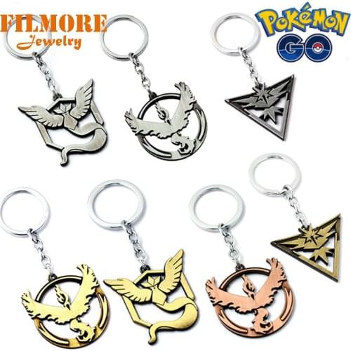10 Types Anime Pokemon Go Keychain Team Valor Instinct Mystic Logo Alloy Keyring Bronze Ancient Silver Unisex Jewelry Collection