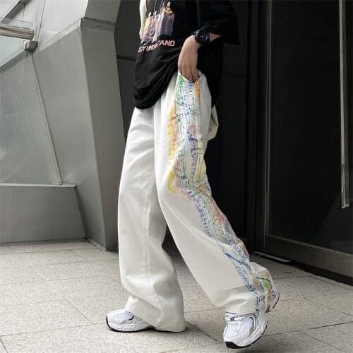 2021 New Womens Pants Summer Streetwear Wide Leg Pants Baggy Hip Hop Casual Boyfriend Trouser Fashion Femme High Waist Trouser
