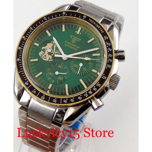 BLIGER Green 40mm Mechanical Men Watch Steel Case Top High Mineral Glass Solid Back Sub Dial Big Second Hand Date Display