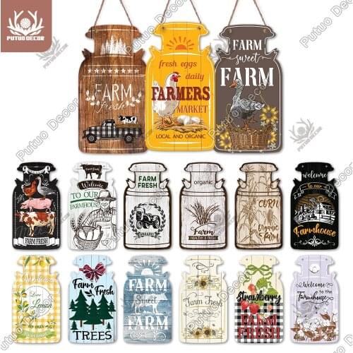 Putuo Decor Farm Sign Milk Jar Shaped Wooden Hanging Sign Welcome Wood Plaque for Farmhouse Home Decoration Wall Decor Gift