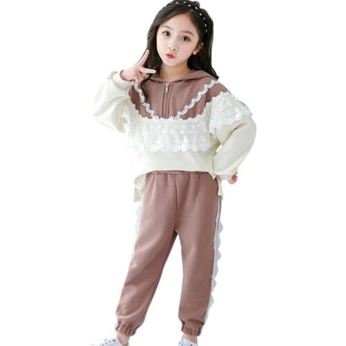 Children Clothes Lace Floral Girls Sport Clothing Sweatshirt + Pants Outfit For Girls Spring Autumn Childrens Clothes 6 8 10 12