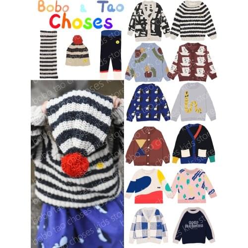 2021AW kids Original label BOBO BC boys girls sets knitted jumper cardigan pants beanie Cup Stripped Doggie Multicolor neck warm