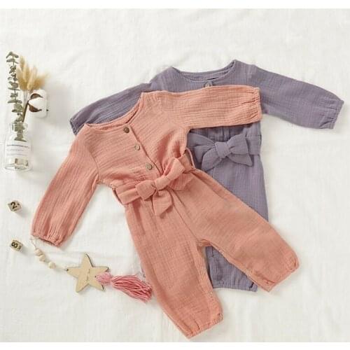 Baby Girl Cotton Linen Romper Jumpsuit Newborn Infant Outfit Clothes Slash Knot Bow Long Sleeve Solid Rompers