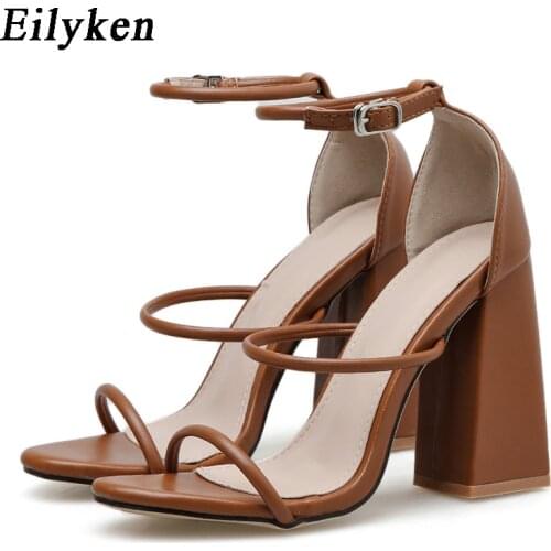 EilyKen Gladiator Sandals Summer New Square High Heels Woman Cover Heel Ankle Buckle Strap Party Female Shoes Plus Size 35-42