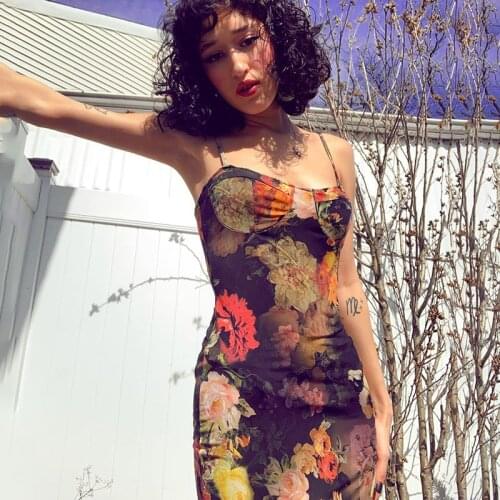 European and American fashion sexy casual womens wear flower print with chest sling elastic slimming mini short dress