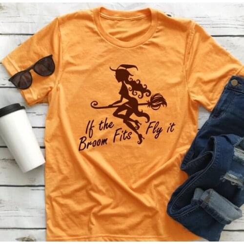 If the Broom fits Fly it Witch t-Shirt Halloween funny graphic print vintage yellow tops goth girl festival gift tumlbr art tees