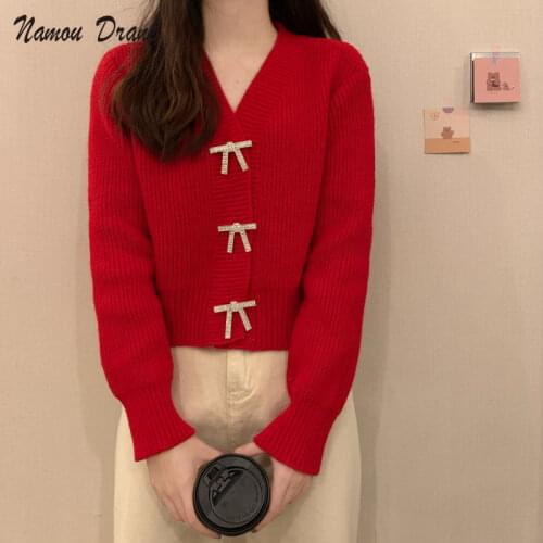 Namou Drane Spring New All-match V-neck Bow Long-sleeved Short Red Knitted Cardigan Base Sweater Coat Womens Top black sweater