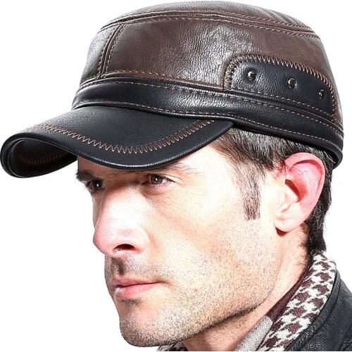 Mens Outdoor Leisure Cap Adult Genuine Leather Hat Male Winter Ear Protection Flat Peaked Cap Youth Leisure baseball Cap B7224