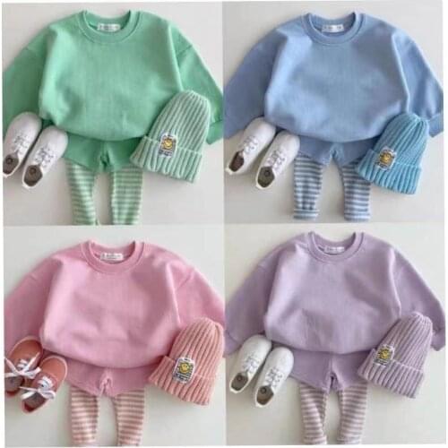 Koodykids Autumn Kids Boys Grils Solid Blue Grey Clothes Set 2PCS Spring Casual Children Clothing Sets Toddlers Tops Pants 2PCS