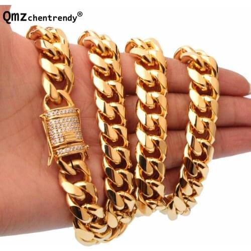 14mm Men Cuban Miami Chain Necklace Stainless steel CZ Clasp Bling Iced Out Gold Hip Hop Casting Chain Necklace