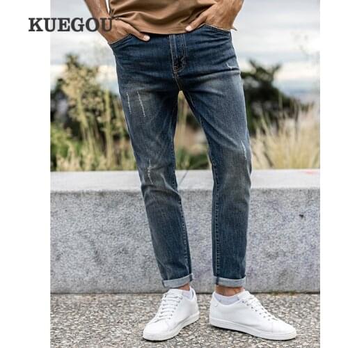 KUEGOU 2021 Autumn New Clothing Men Jeans Scratched Slim Fim Fashion Stretchy Wash Vintage Denim pants Blue Plus Size 3078
