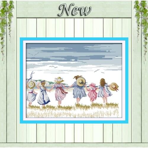 Sisters kids scenery decor painting counted printed on canvas DMC 14CT 11CT Chinese Cross Stitch Needlework Sets Embroidery kits