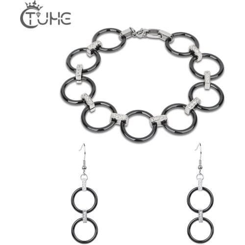 Chic Simple Black Circle Ceramic Jewelry Set Bracelet Double Round Drop Earrings For Women With Crystal Wedding Party Jewelry