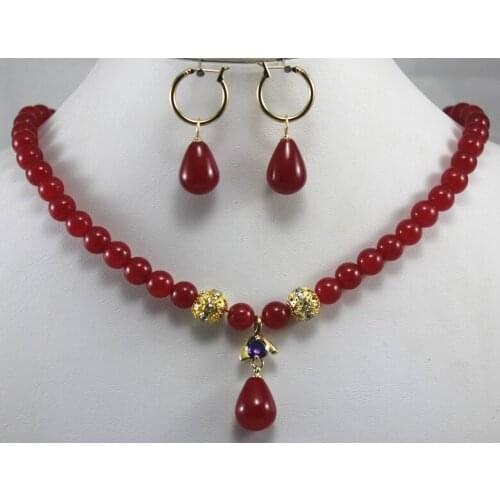Wholesale good designed 8mm red jadenecklace match waterdrop jade earrings&pendant necklace jewelry set for valentines day gift