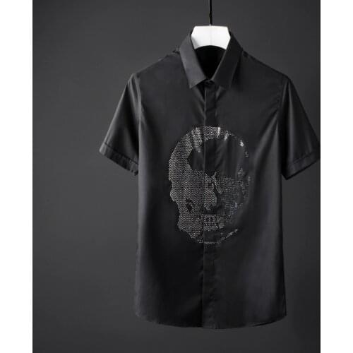 Luxury Crystal Drill Skull Mens Shirts Plus Size 4xl Solid Color Short Sleeve Mens Dress Shirts Hight Quality Casual Mens Shirts