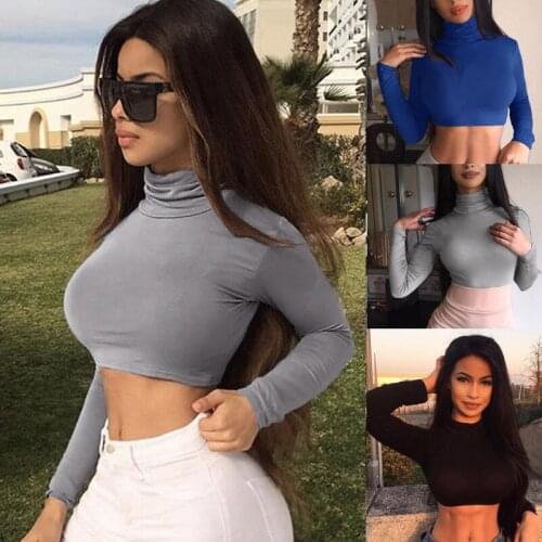 Hirigin Sexy T Shirt Women Long Sleeve Turtleneck Casual Slim Crop Tops Solid Shirt Skinny Clubwear Short Top