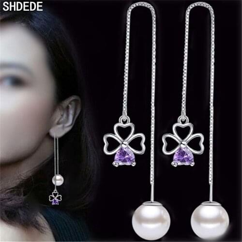 SHDEDE 925 Sterling Silver Drop Earrings Korean Four Leaf Clover Heart Wedding Bride Party Fashion Jewelry Gift -WH38