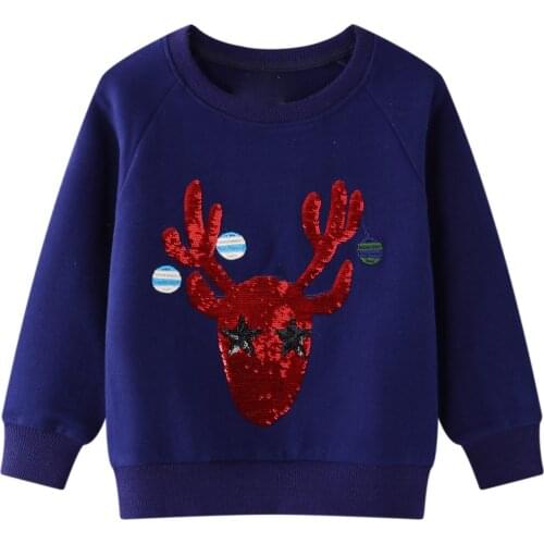 27Kids Girls Long Sleeves Deer Sequins Blue Color Sweatshirts Kids Clothes Autumn Childrens Clothing 2-7Years