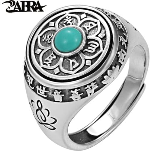 ZABRA Signet Rotatable Ring 925 Sterling Silver Buddhism Six Word Green Agate Vintage Rock Rings For Men Women Size 7-11