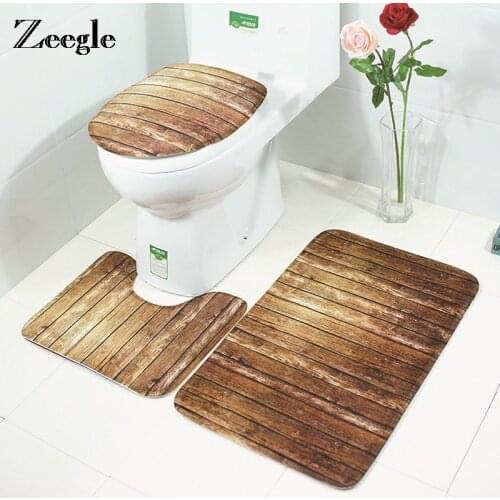 Zeegle 3Pcs Bath Mat Absorbent Toilet Seat Cover Bathroom Rug Non-slip Foot Pad Wood Printed Carpet