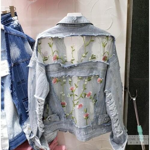Womens spring autumn casual loose embroidery flower mesh ripped denim jacket female plus size mesh patchwork jean jacket TB535