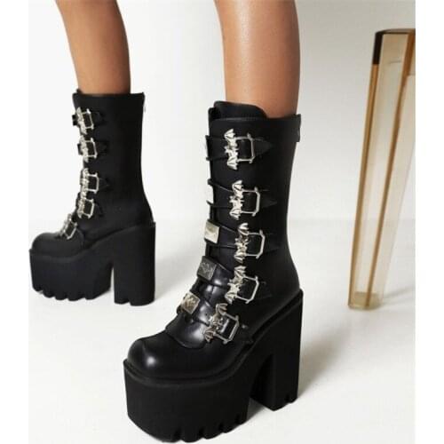 PXELENA 36-44 Buckle Women Combat Motorcycle Biker Cosplay Boots Chunky Block High Heels 14CM Platform Thick Sole Winter Shoes