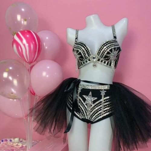 Fashion Black Silver Rhinestones Fringe Bra Short Skirt Outfit Set Women Singer Bikini Lingerie Set Bar Dancer Outfit Set