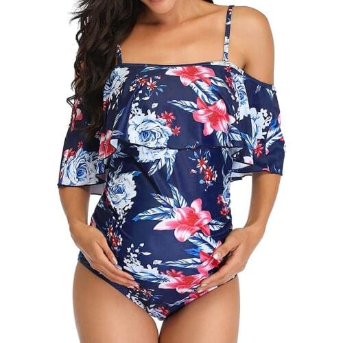 Womens Girls&Maternity Tankinis Women Flower Print Bikinis Swimsuit Beachwear Pregnant One-Shoulder Ruffle Pregnant Swimwear z6