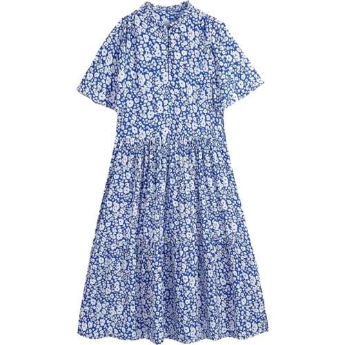 Baldauren 2021 Women Chic Fashion Floral Print Ruffled Midi Dress Vintage V Neck Short Sleeve Female Dresses Vestidos Mujer