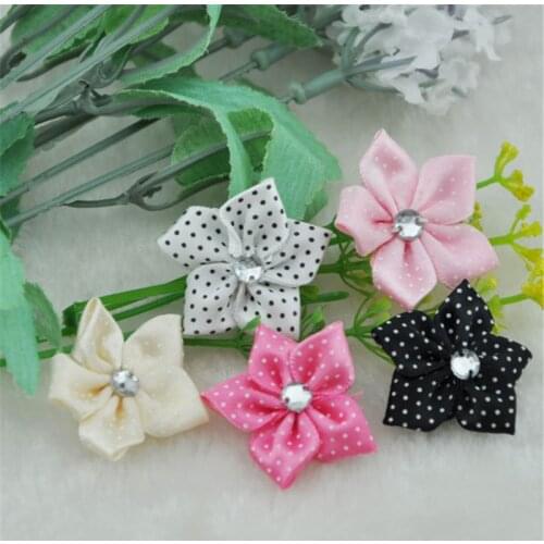 40pcs dots ribbon flowers bows with rhinestone craft appliques wedding DIY A17