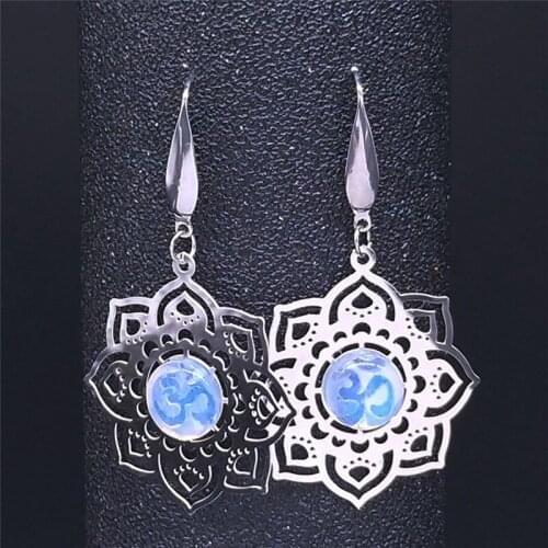 Bohemian Yoga Flower of Life Stainless Steel Moontone Earrings Women Silver Color Earrings Jewelry boucles d'oreilles EXS04