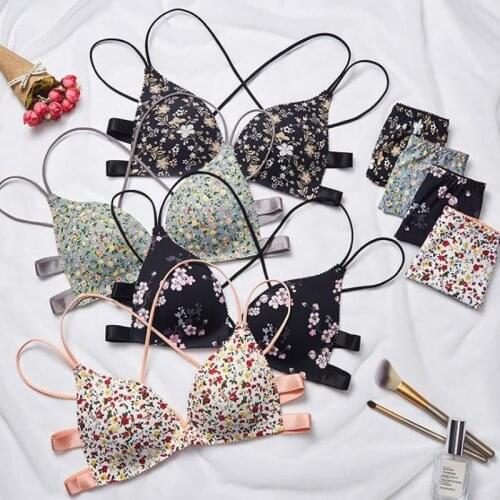 Women Floral Print Bras Set Lingerie Sexy Push Up Underwear Beauty Wireless Vest Lady Front Buckle Seamless Leopard Bralette