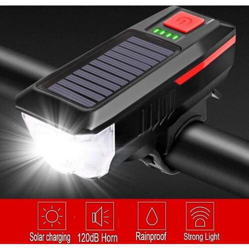 Solar USB Dual Rechargeable Bicycle Headlight 3 Modes T6LED Mountain Bike Bicycle Headlight 1500mAh Waterproof Riding Horn Light