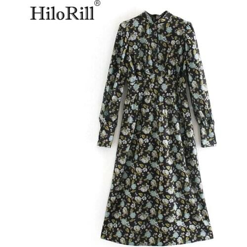 HiloRill 2021 Autumn Spring Floral Print Dress Stand Collar Vintage Midi Dress Lady Long Sleeve Pleated Elegant Dresses Vestidos