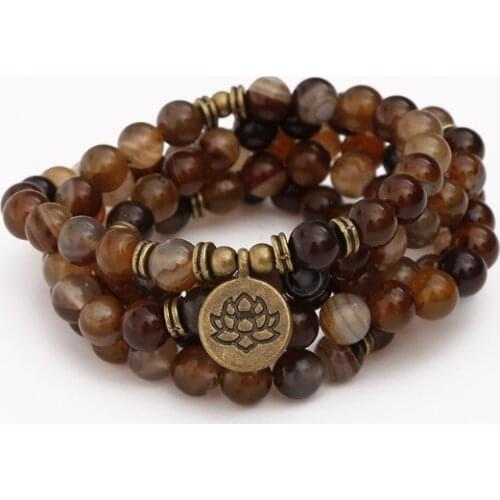 Coffee 108 beads 8mm elastic adjustable Lotus life tree Buddha OM eye Chakra Reiki agate Onyx Yoga Bracelet necklace yij45