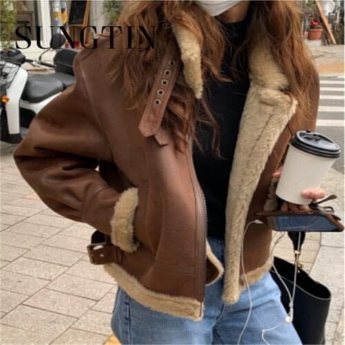 Sungtin Wool Fleece Patchwork Faux Leather Jackets Women Winter Thicken Fur Pu Short Overcoat Female Loose Streetwear Vintage
