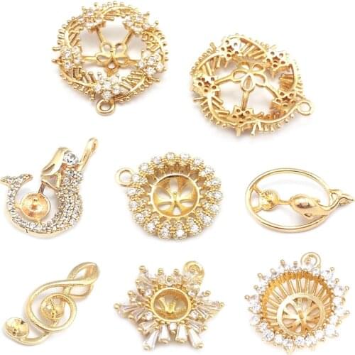 40690)4PCS 24K Champagne Gold Color Brass and Zircon with Pearl Beads Base Flower Charms Pendants Diy Jewelry Making Supplies