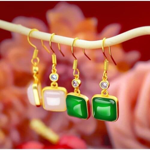 Fashion Women Earrings Light Yellow Gold Color Drop Classic Agate Stone Gemstone Green Emerald Jade Jewelry Female