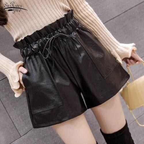 Autumn Winter Korean Loose High Street Black Sexy Women ShortsNew High Waist Laced Up Shorts Flower Bud Wide Leg Leather Shorts