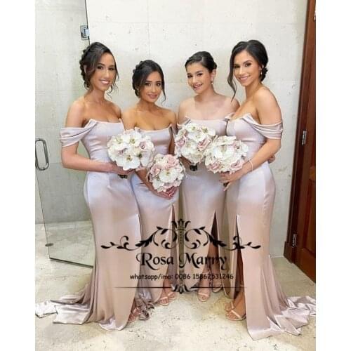 Off Shoulder Women Mermaid Bridesmaids Dresses 2021 Simple Satin High Split Lace Up Back Cheap Wedding Guest Gowns Maid Of Honor