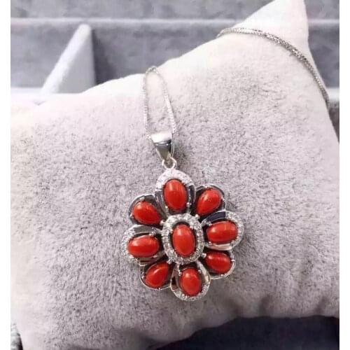 Natural red precious coral pendant S925 silver Natural gemstone Pendant Necklace trendy Luxury round string women fine jewelry
