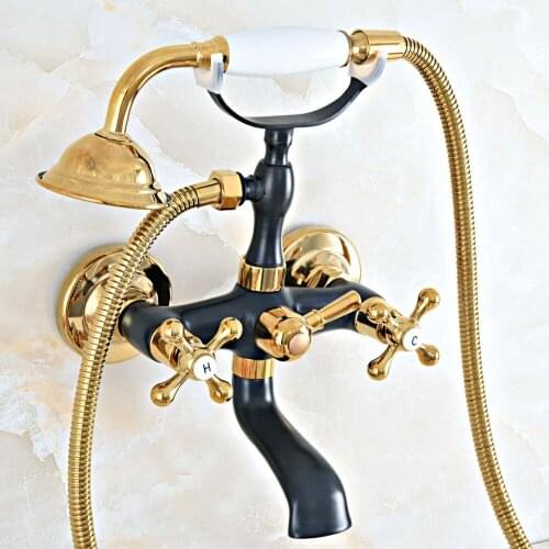 Black Oil Rubbed & Gold Brass 2 Handle Wall Mount Bathroom Bath Tub Faucet Set with 1.5M Hand Held Shower Spray Mixer Tap 2na465