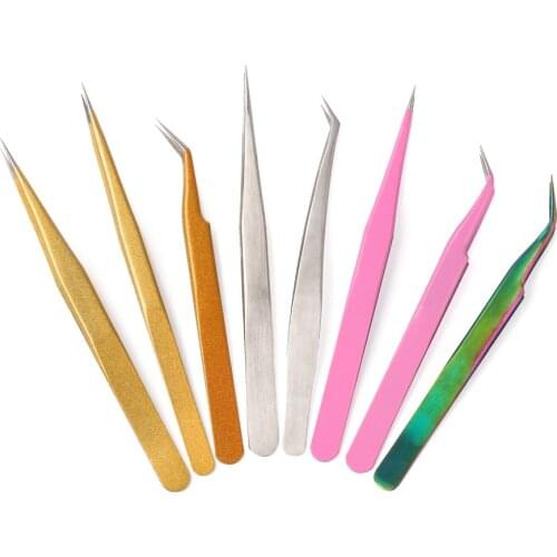 THINKSHOW 4 Colors Eyelash Extension Tweezers Eyebrow Tweezers Face Hair Removal Clip Straight/Curved Tweezer Beauty Essentials