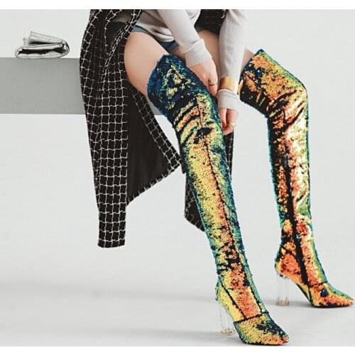 Bling bling woman Shiny fish scales over knee length thigh high Sequins boots chunky high heel woman sequins thigh high boots