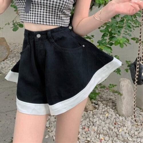 JMPRS Denim Women Shorts Summer High Waist Wide Leg Jeans Patchwork Black Fashion Casual Irregular Pocket Shorts New 2021